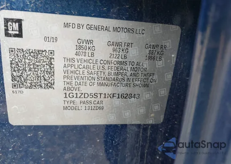 2019 Chevrolet Malibu Lt z USA, uszkodzony, nr VIN 1G1ZD5ST1KF162843